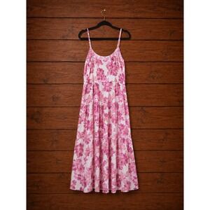Womens Pink Floral Tropical Maxi Sundress Smocked Back Size L